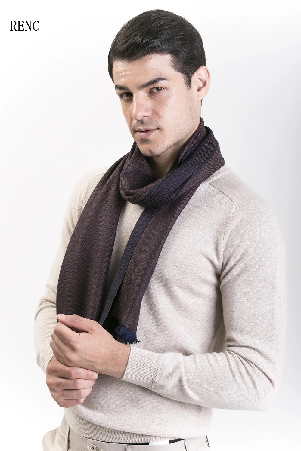 100% Extrafine Merino Wool Men's Neck Warm Herringbone Scarf; Gentleman's Wool Neck Warm Scarf