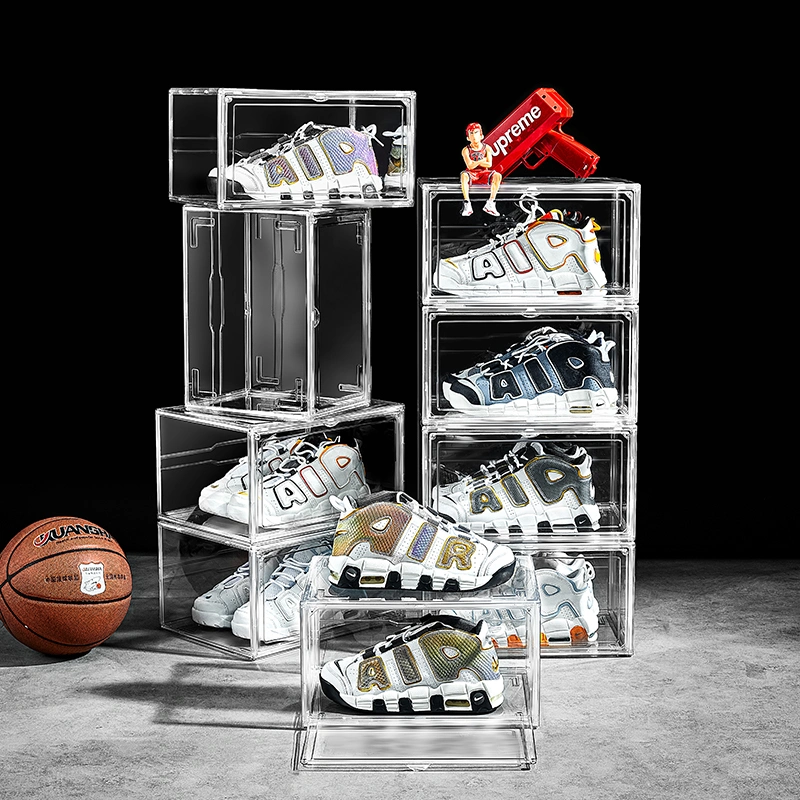 Wholesale Magnetic Clear Hard Acrylic Transparent Plastic Foldable Sneaker Crate Display Shoe Organizer Storage Boxes for Shoes