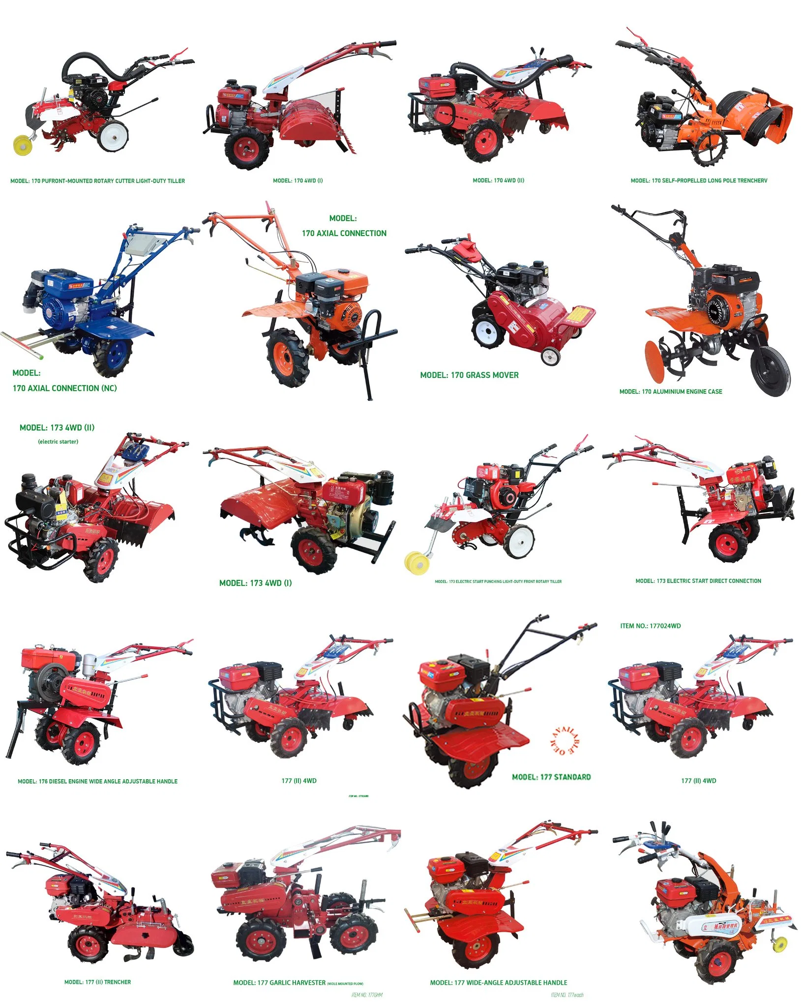 170 Tiller giratorio de motor de gasolina modelo con conexión axial