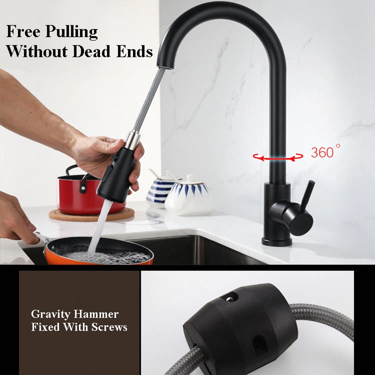 Stainless Steel Kitchen Faucet Gravity Pull Design Water Stop Button Single Handle Hot and Cold Mixed Water