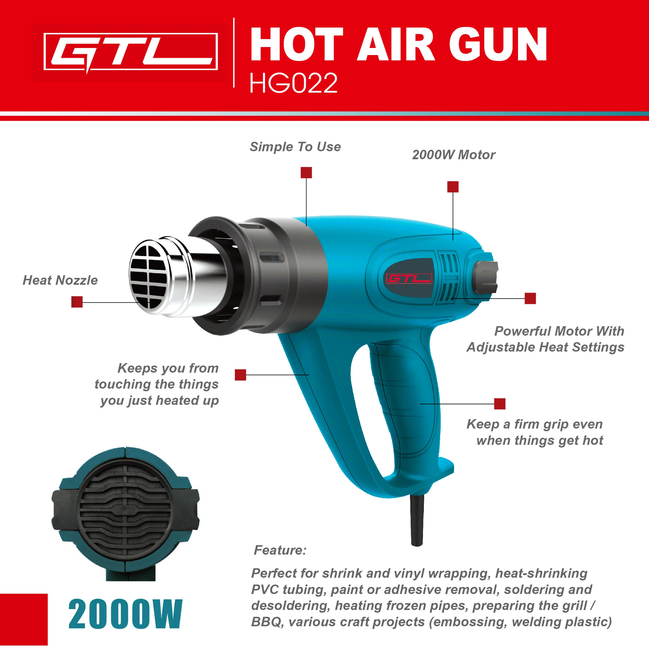 Power Tools Portable Electric Tool Hot Air Gun 2000W, Hot Air Gun, Power Tool of Hot Air Gun (HG022)