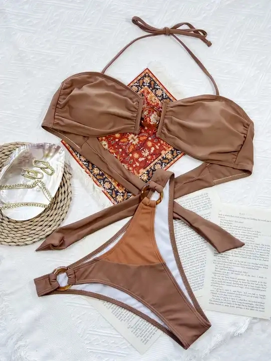 As mulheres de venda quente Anel Sexy Empurre para cima Patchwork Corte Alto Bikini Definir Swimsuit Backless Verão roupa de banho Brown Halter calções de banho