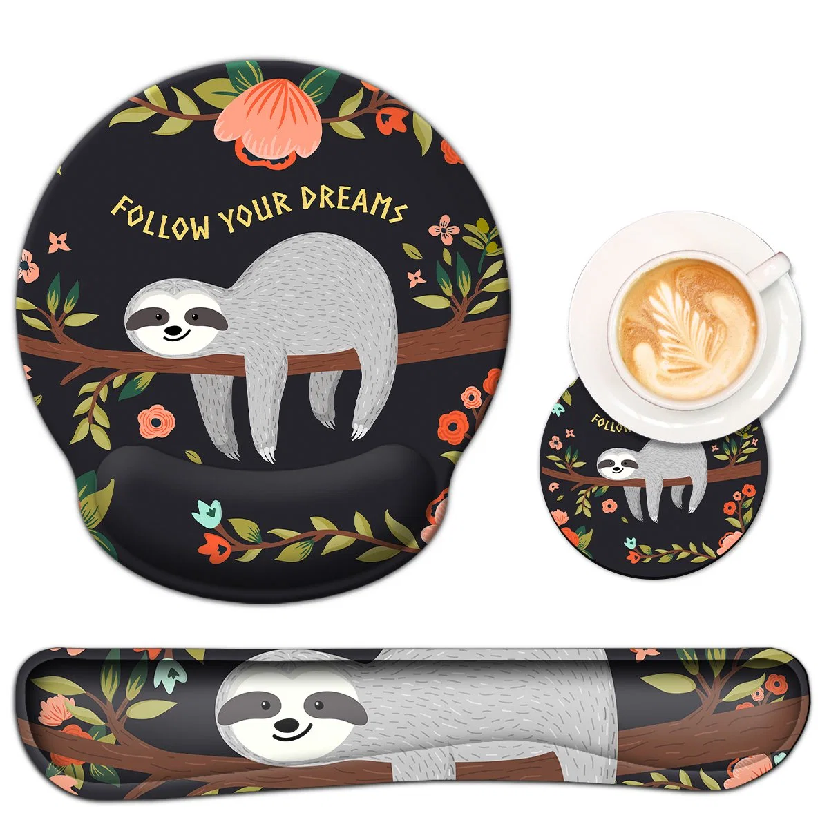 Ergonomic Mouse Pad Keyboard Wrist Rest Pad, Mousepad and Cup Pad, Cute Sloth