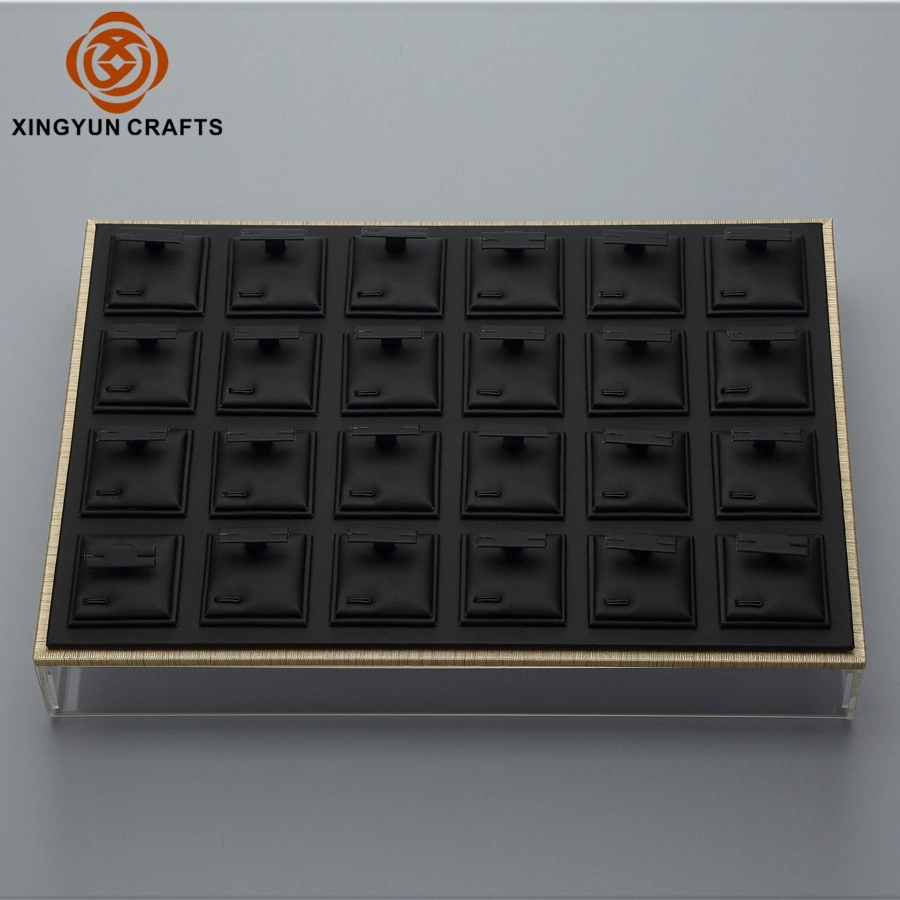 Luxury MDF Jewelry Tray Leather Jewelry Gift Display Black Leather Earring Ring Tray with Acrylic Lid