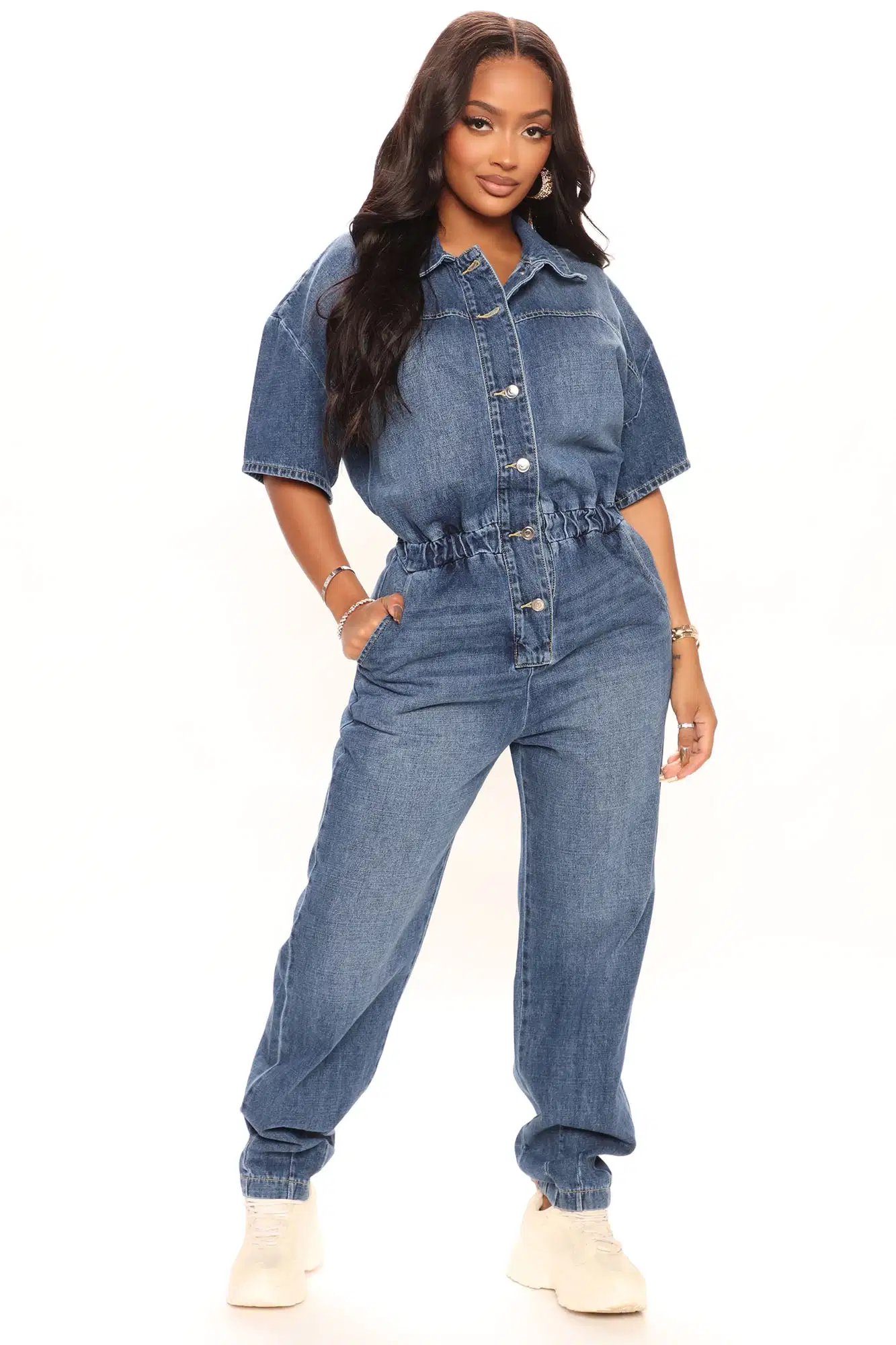 La mujer Non-Stretch Collar de manga corta vestido elástico cintura lavar Denim Jumpsuit emparejador