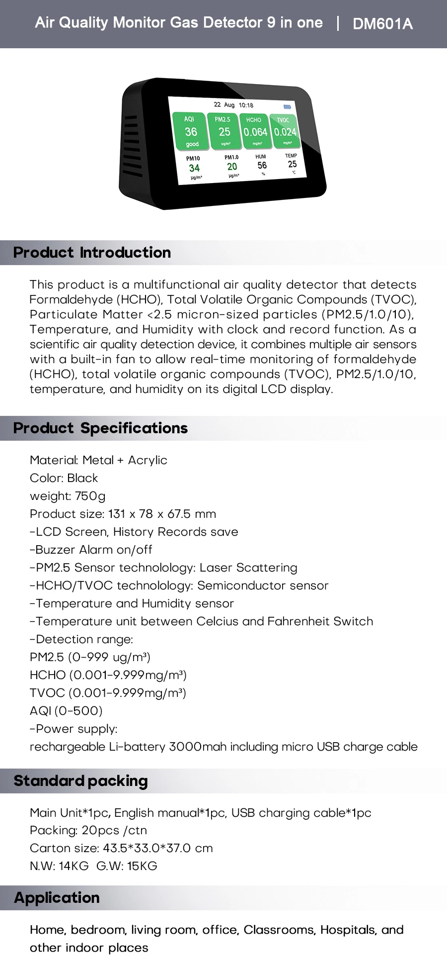 Pantalla LCD multifunción 1 en 9 sensor de control de calidad del aire TVOC PM25 dispositivo de medición de humedad de temperatura