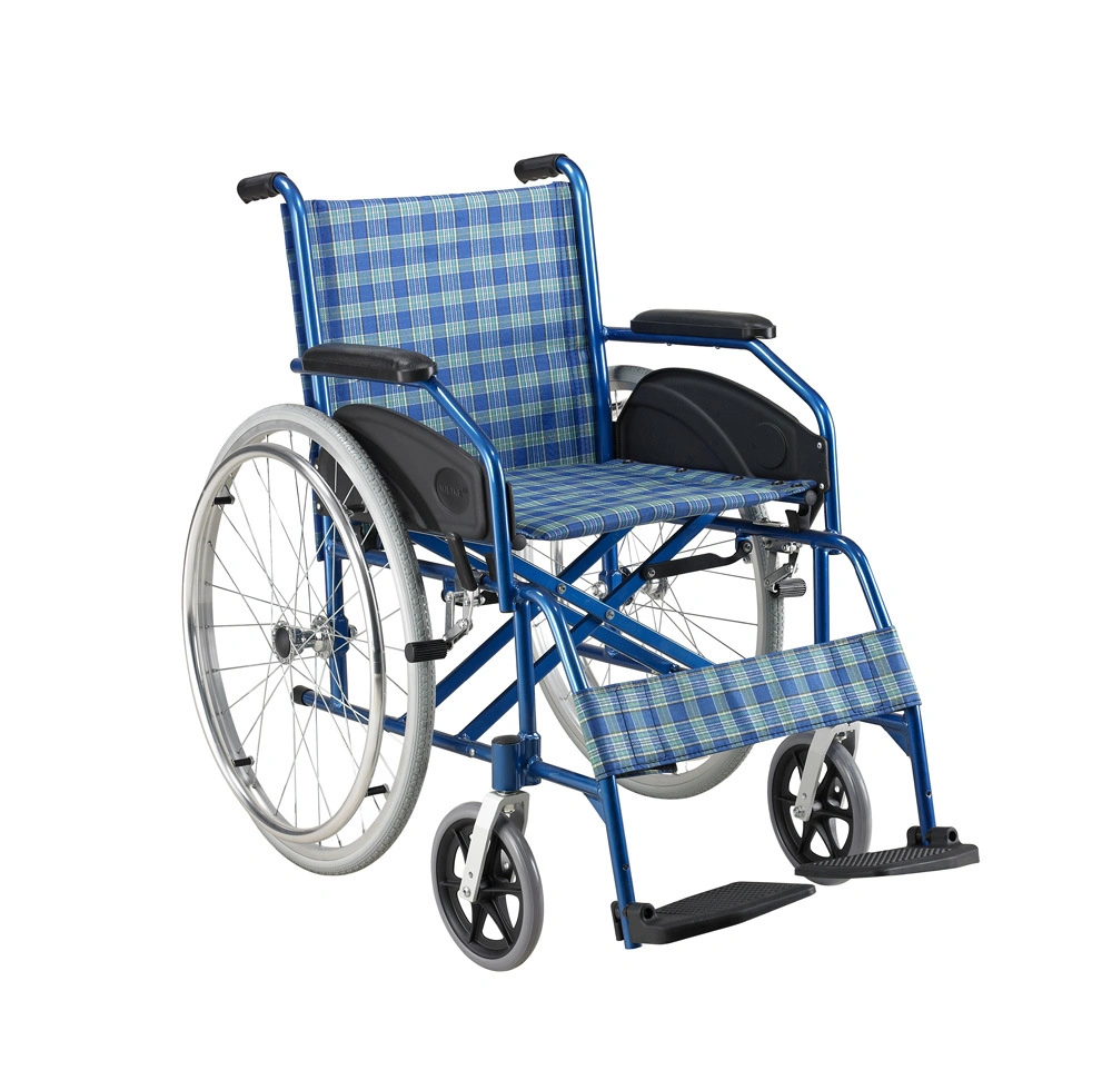 Hospital Furniture Fixed Armrest and Footrest Blue Frame of Wheelchair