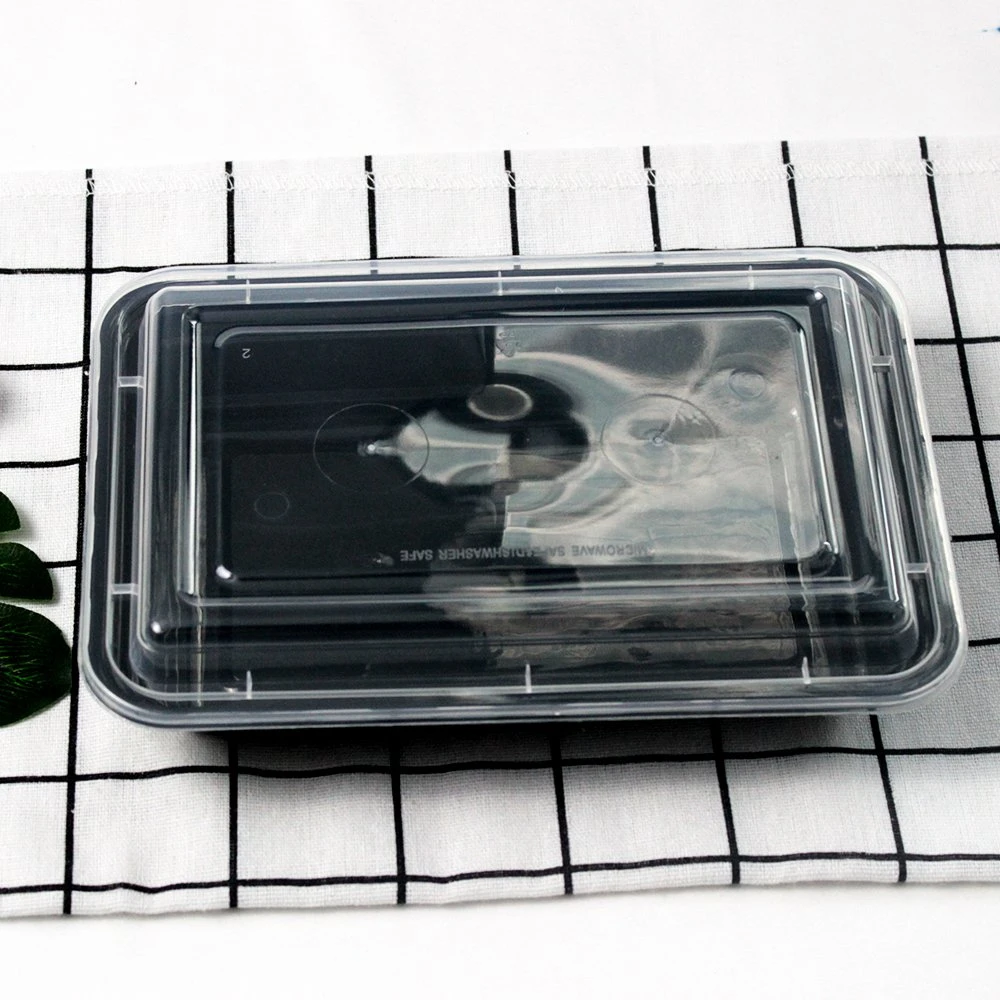 Custom Disposable Plastic Tableware 218mm Length PP Plastic Rectangle Black Box with Lid for Fast Food