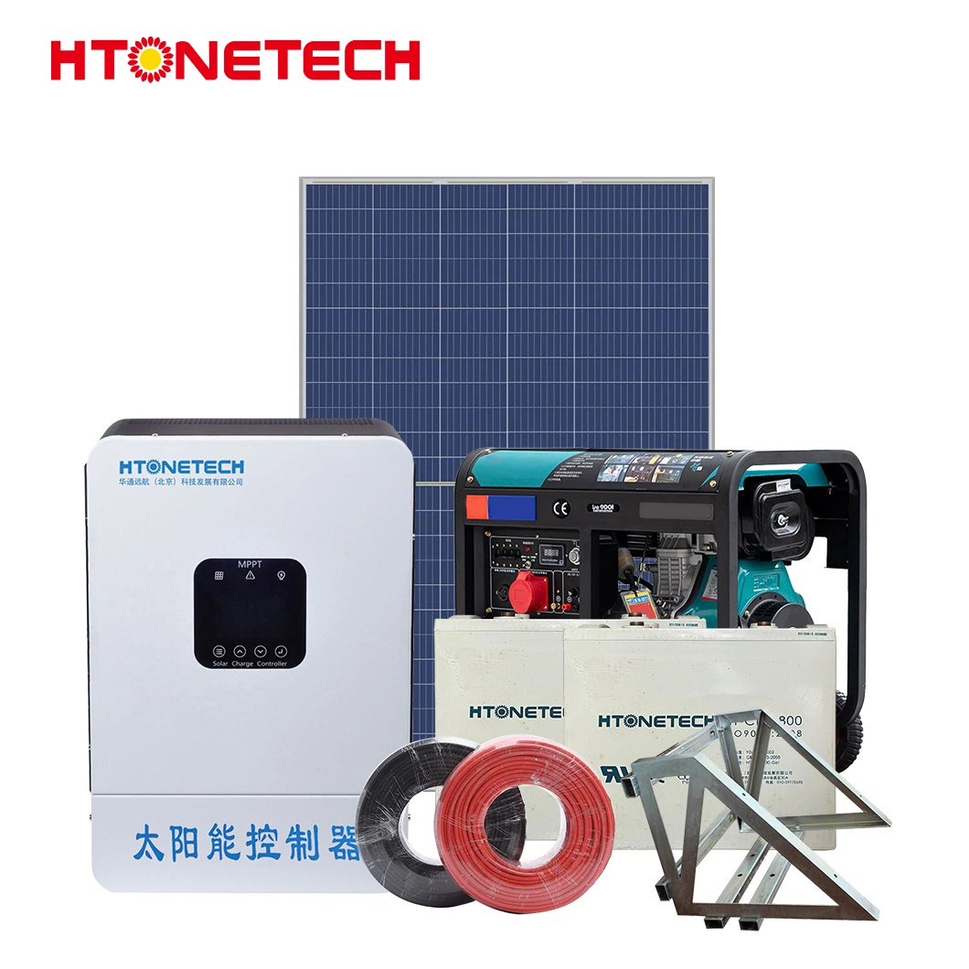 Htonetech 3.6kw 48V Complete off-Grid Solar Power System Factory China 8kw 10kw 15kw Spring Hybrid Solar Panel Big Diesel Generator Solar Cell Hybrid System