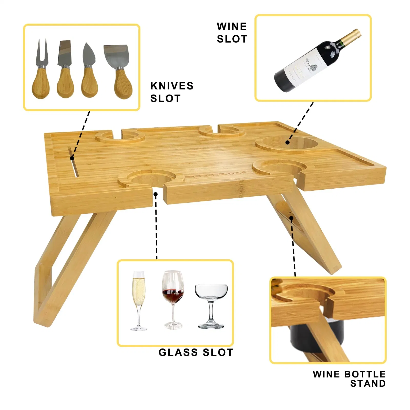 Bamboo Snack Wine and Glass Outdoor Wooden Foldable Champagne Camping Table