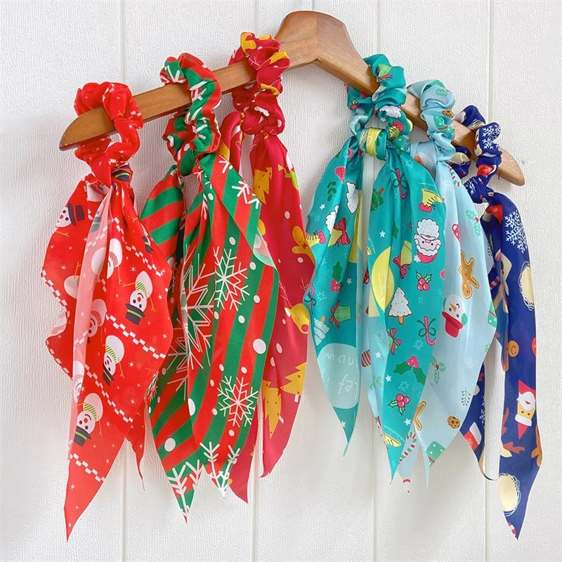 Christmas Party Scrunchies Long Ribbon Ponytail Scarf Hair Tie Gift for Children Girls Festival Elastic Hair Bands