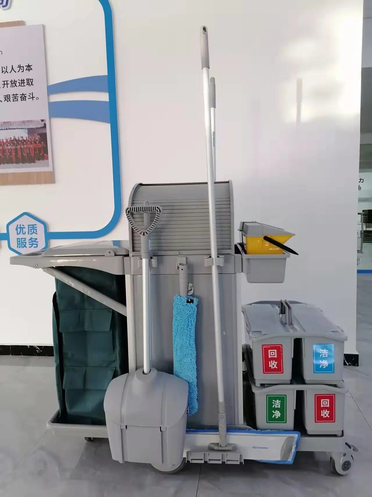 Room Clean Service Cart Double Bucket Movable Trolley Hotel Restaurant Black Waterproof Blue OEM Steel Gray Wheels PCS Colo