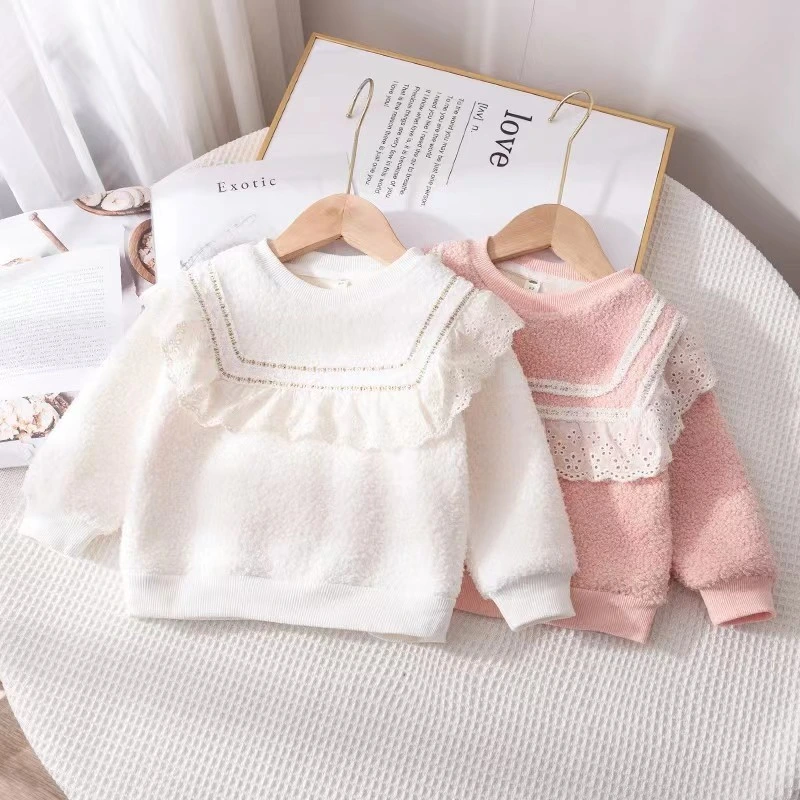 Kid's Sweater Round Neck Plush Long Sleeve Cotton Pure Colour Girl Pullove