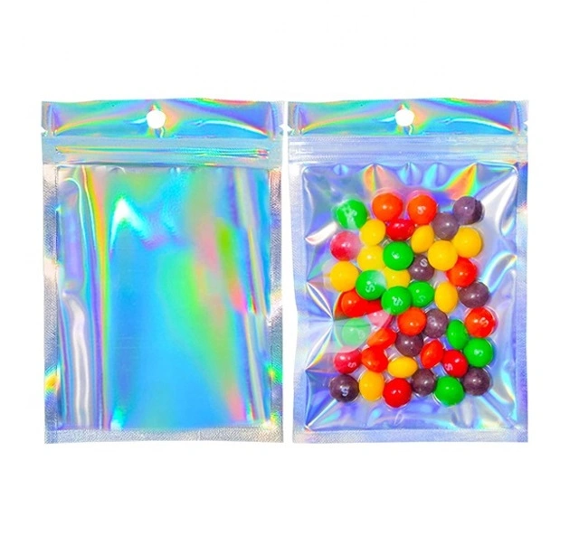 Smell Proof Food Storage Clear Front Packaging Hologram Holographic Rainbow Color Resealable Ziplock Zipper Mylar Bags