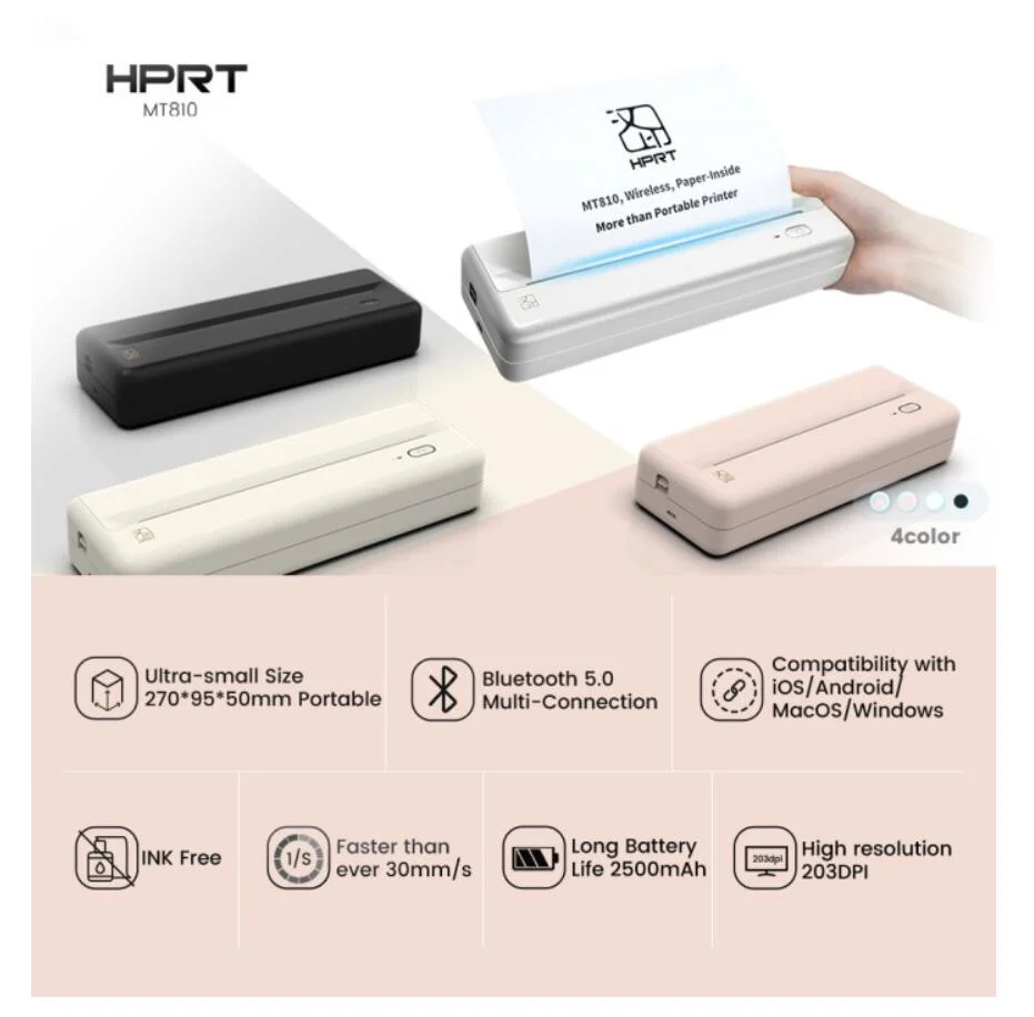 HPRT MT810 Mini A4 Größe Thermodrucker Wireless Portable Printer Für den Druck von PDF-Dateien im Home Office-Format