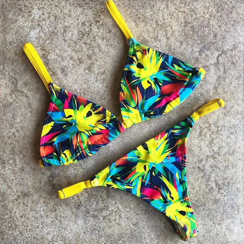 2023 Mature Women Open Sexy Multi Color Printed Push up Triangle Bikini Set Jungle Style