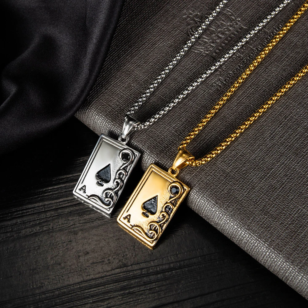 Hip Hop Jewelry Playing Card Ace of Spades Pendant Cool Fashion Men's Stainless Steel Necklace