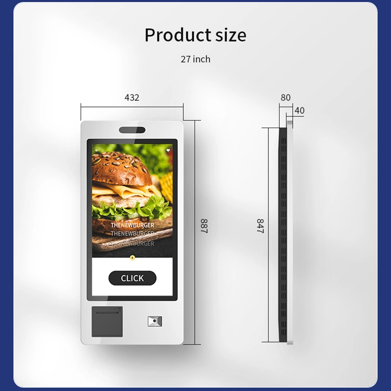 80mm Printer Wall Mounted 27 Inch Capacitive Touchscreen Kiosks Restaurant Self-Service Order Kiosk Terminal