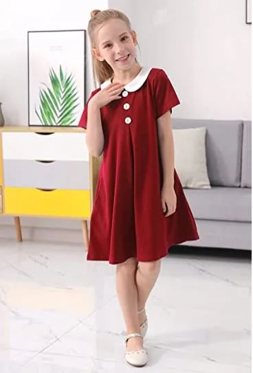 Girl White Peter Pan Collar School Uniform Short Sleeve Jumper Polo Dress for 4-14t