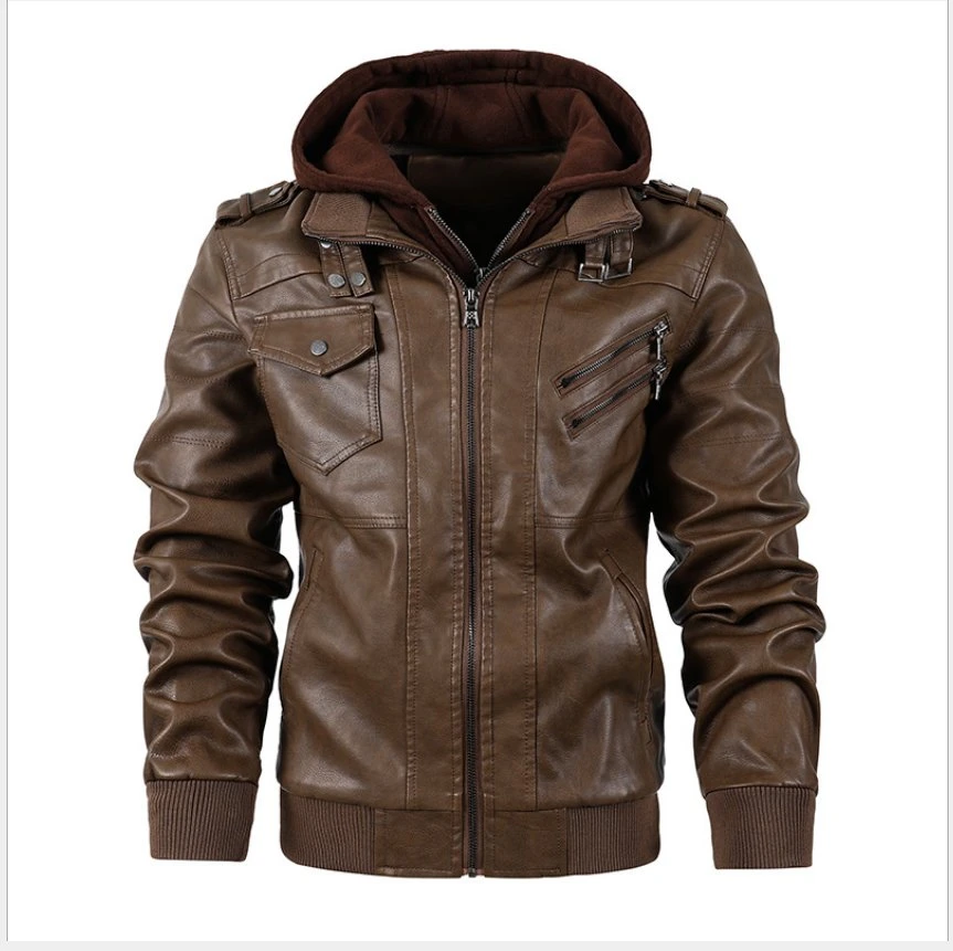 Men&prime; S Leather Jacket Jacket Thickened Plus Velvet Warm PU Leather Detachable Hood Leather Jacket