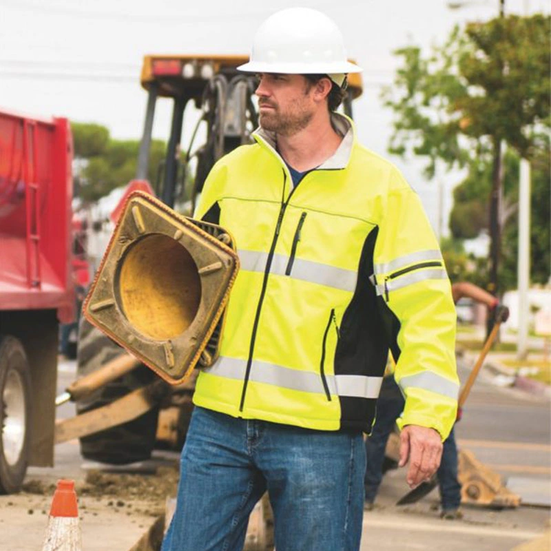 Uniformes de sécurité réfléchissants, veste bicolore jaune fluo et noir en softshell, vêtements de travail de sécurité.