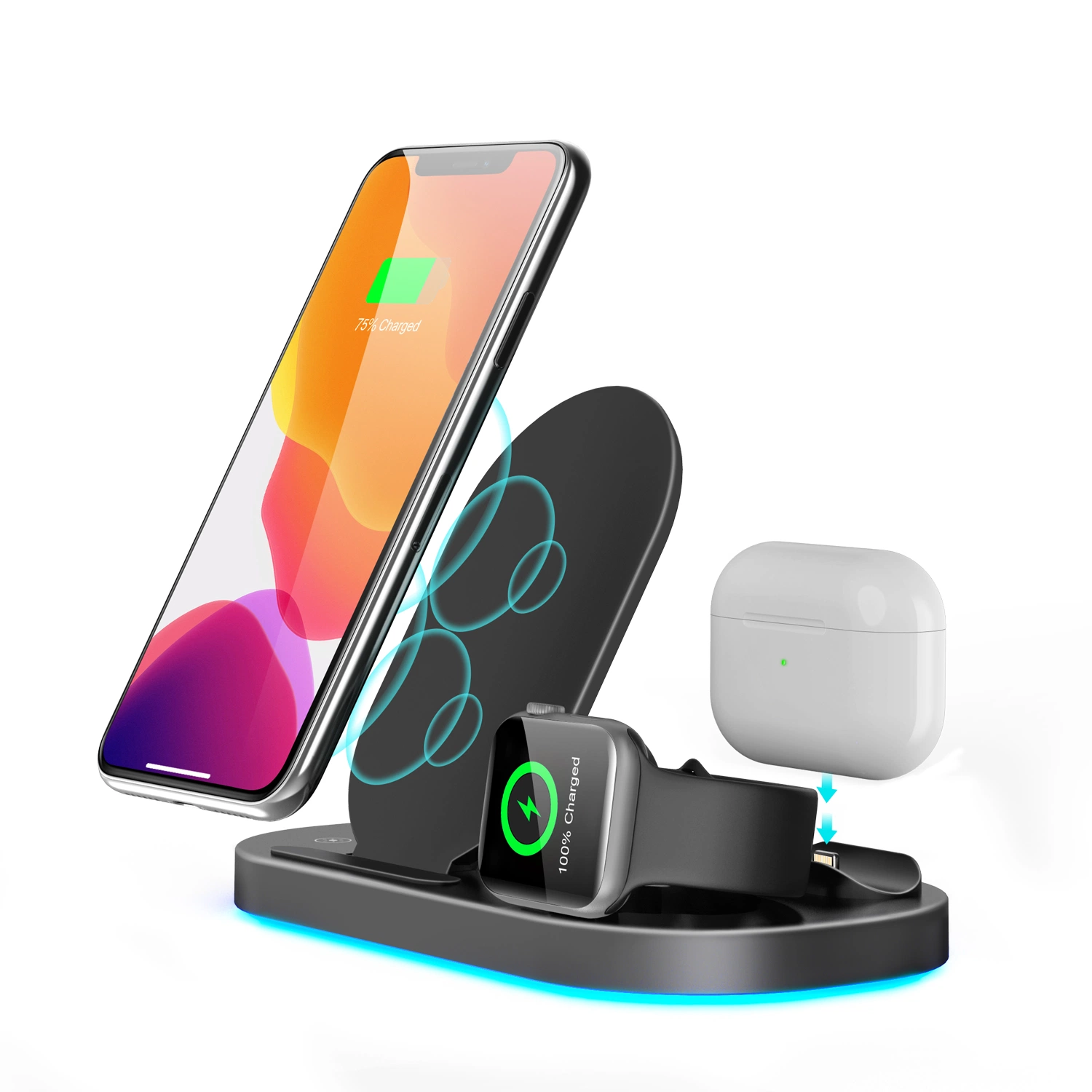 USB Qi 15W 10W Docking 3 en 1 Universal Wireless Estación de carga para Airpod Reloj de Iwatch Teléfono móvil Cargador de batería