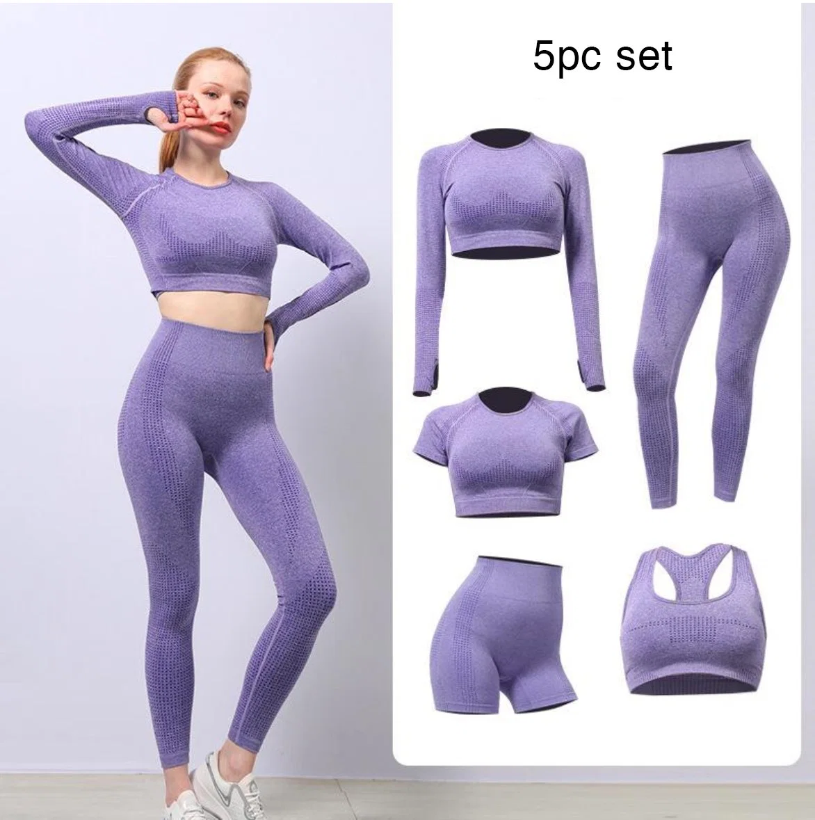 Women 2PC Gym Workout Fitness Tracksuits Athletic Clothes Activewear Yoga Wear Seamless Sport Bra Crop Top Long Sleeves Biker Shorts Leggings Custom Clothing