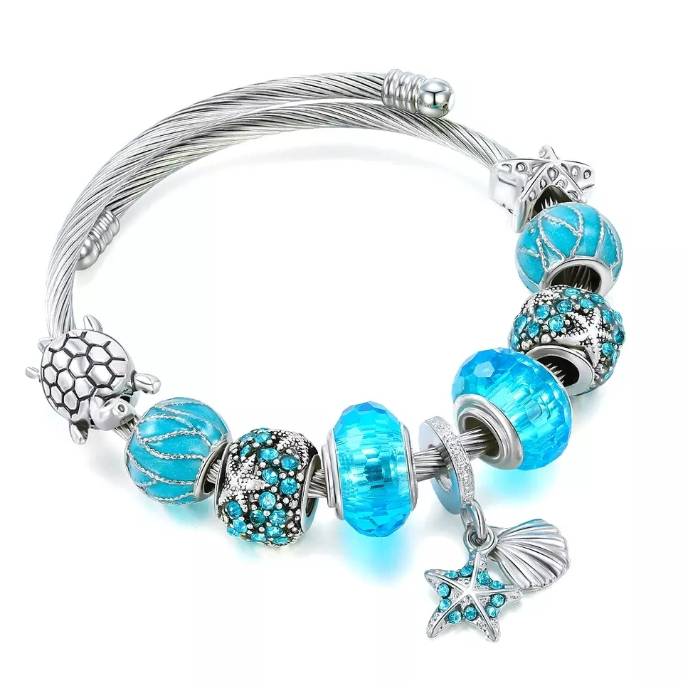 Elegante pulsera de acero inoxidable de la playa de bricolaje Charms pulsera para dama con abalorios de cristal Precio al por mayor joyería artesanal