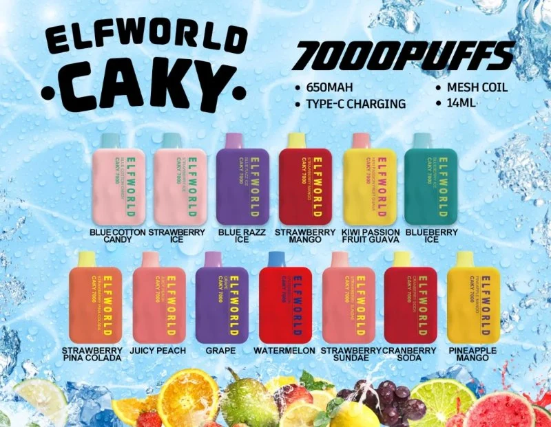 Elfworld Caky 7000 Puffs 14ml vorgefüllte 650mAh wiederaufladbare Batterie E Zigarettenstift Einweg-Vape