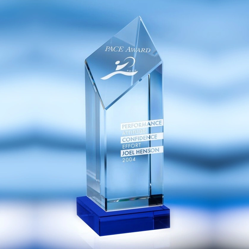 Crystal Glass Shield Tower Trophy with Blue Base