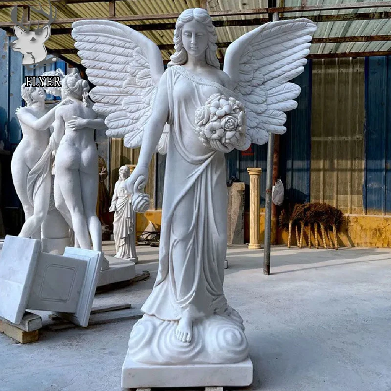 Уличный сад украшение ручной резной Wingged Angel Statue Polished Life Размер Белый мрамор Камень Анхель Статуя