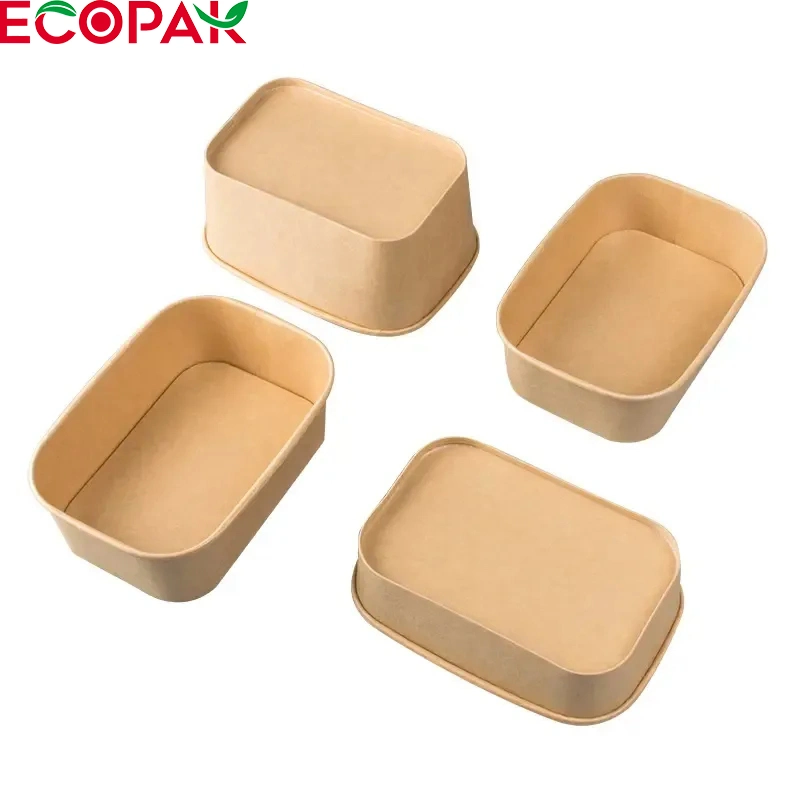 Custom biodegradable Kraft papel cuencos Embalaje de alimentos forma rectangular ensalada Recipientes de fruta