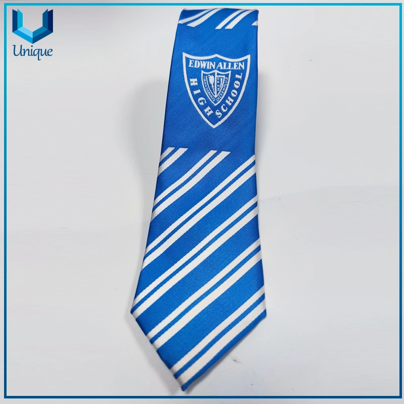 El precio barato de la fábrica de la banda azul cielo Logotipo bordado jacquard Estudiante Tie, microfibra/ imitar la seda Calidad Premium Neck Tie