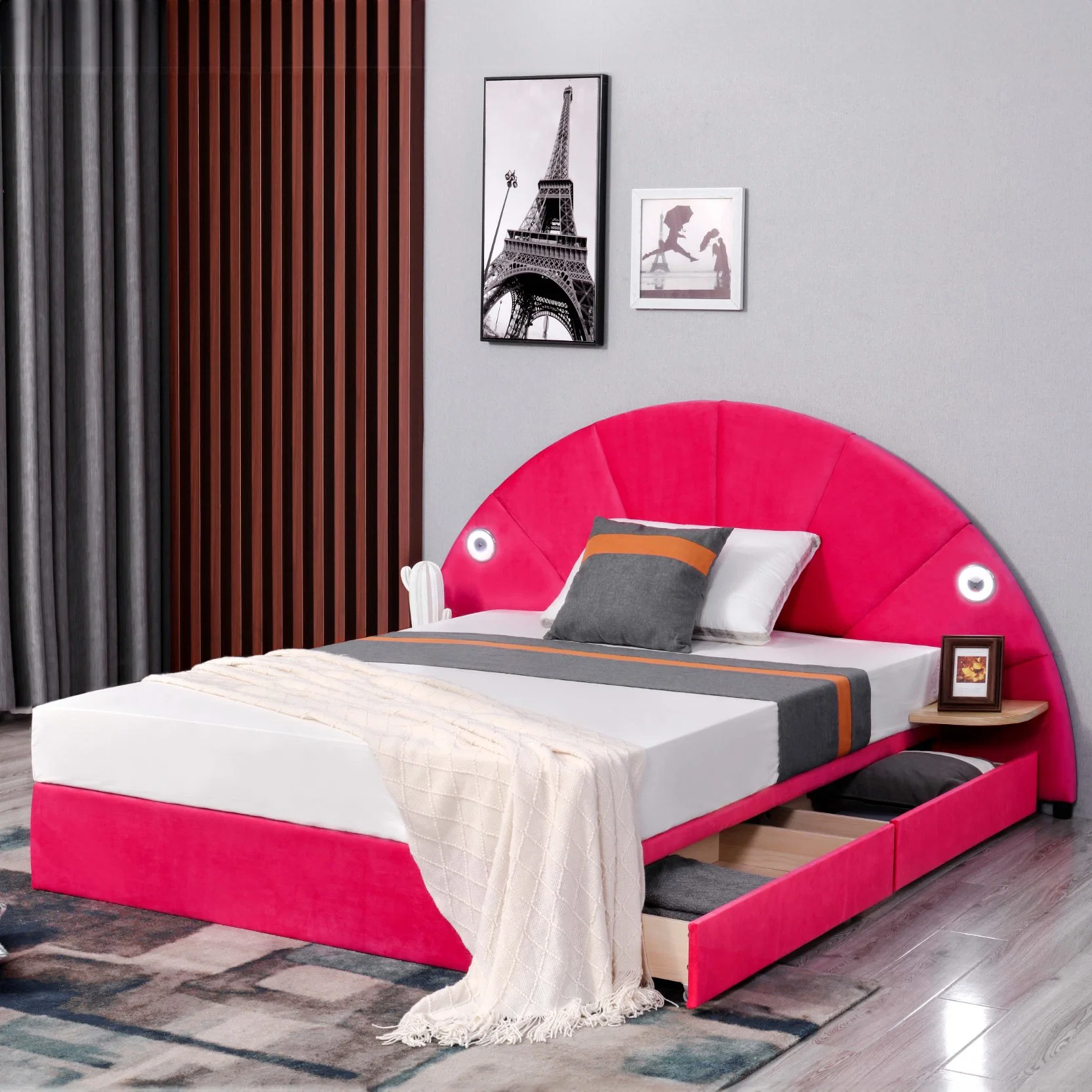 OEM Huayang personalizado Double King Chesterfield Queen Frame Bedroom função Cama de arrumação com luz de leitura