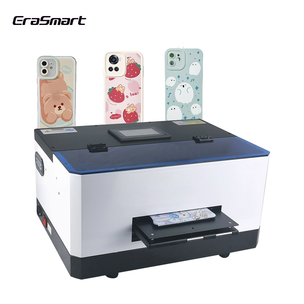 2023 Erasmart A5 Small Desktop Cup Cylinder Flat Bed Card Acrylic Bottle Phone Case Printing Mini Inkjet LED Price Flatbed UV Printer