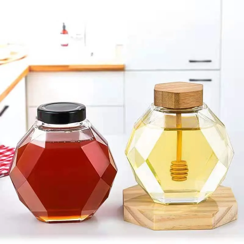 Vente en gros Hexagon Honeycomb verre boîte de rangement bouteille avec couvercle en métal Bouteille de stockage des aliments verre pot à miel