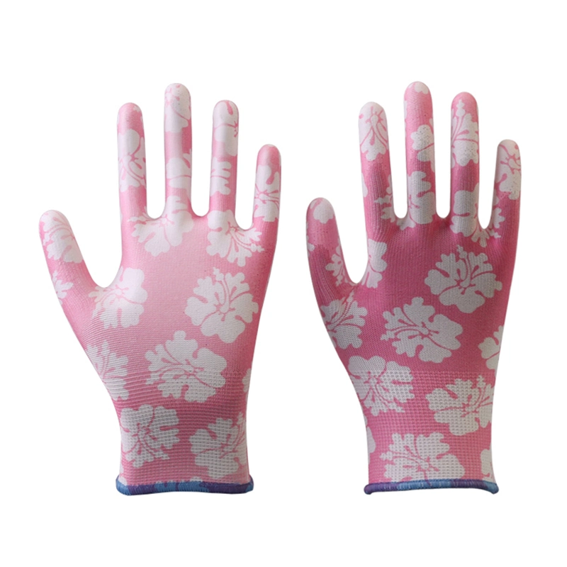 Factory Price Lady Work Garden Gloves Printing Polyester Liner Safety Gloves with PU Coated