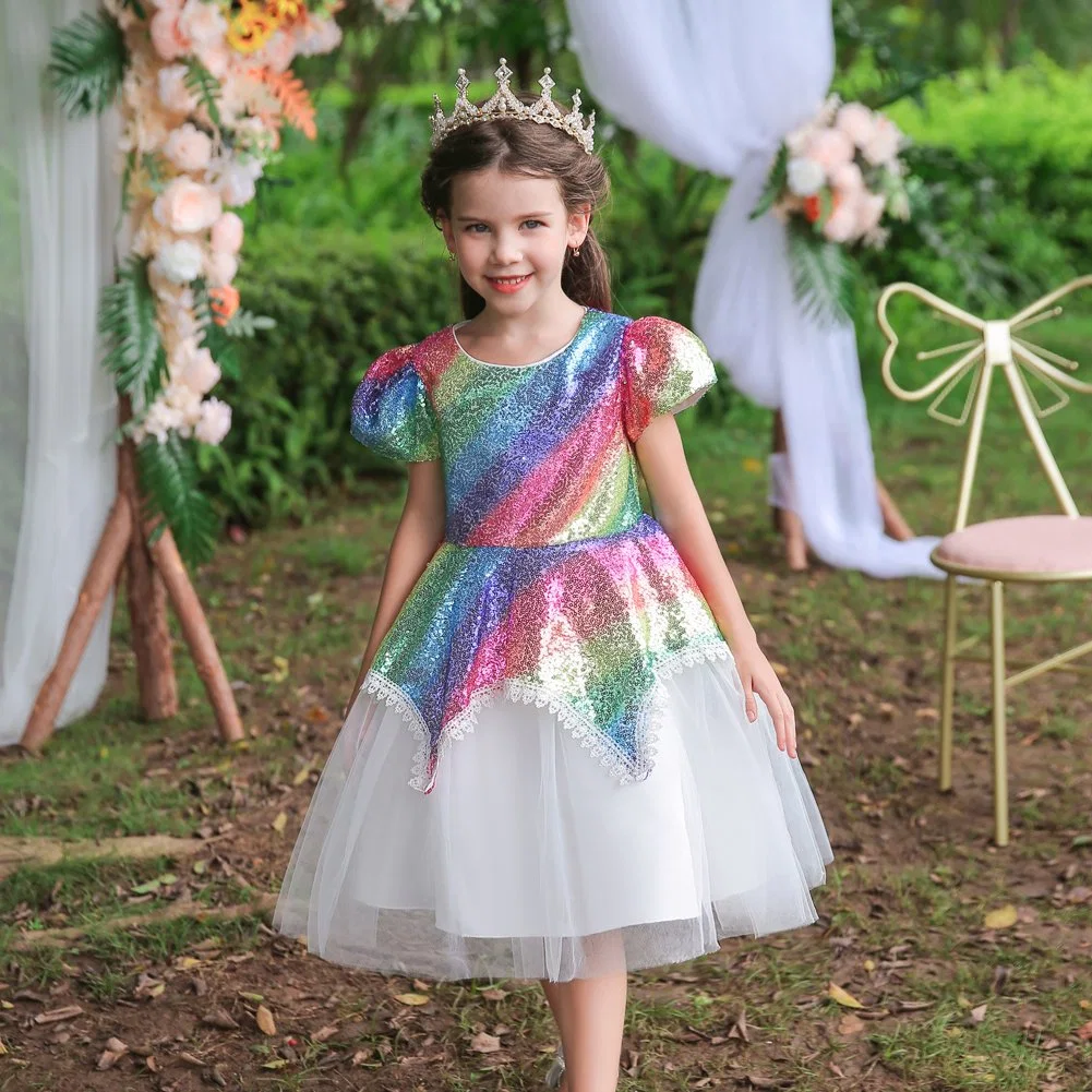 Kids Designer Clothes Shiny Baby Rainbow Clothing Short Sleeve Little Girl Party Wear Dress