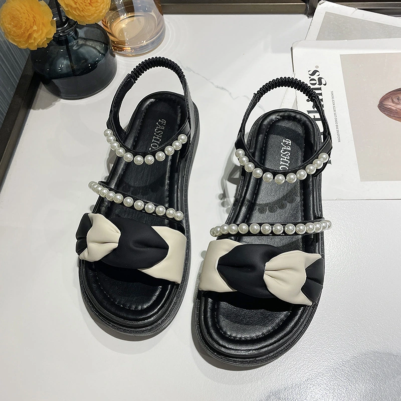 Summer New Fairy Style Casual One Word Buckle Pearl Decoration Flat Shoes