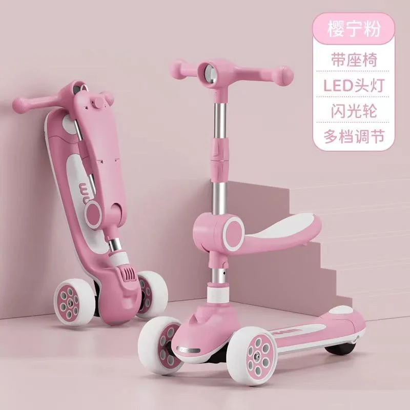 Folding Children&prime; S Scooter Pedal Three-Wheel Flash Children&prime; S Scooter LED Lights Electric Toy Car