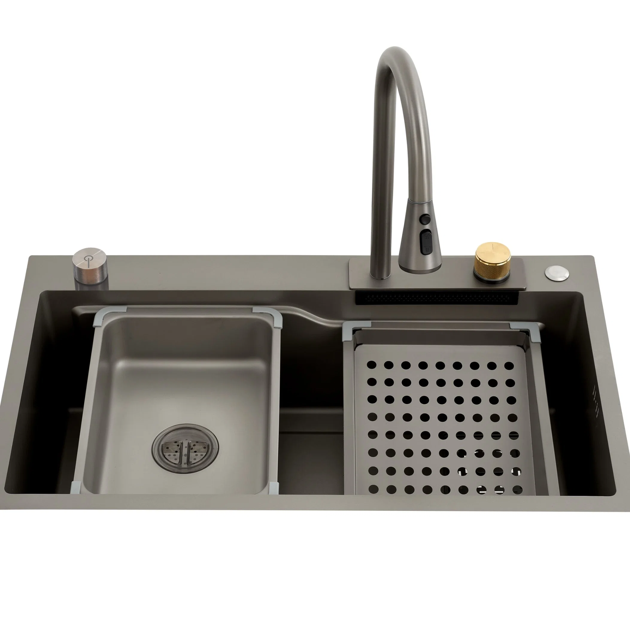 Nuevo fregadero de cocina estilo granja de acero inoxidable 304 hecho a mano, color negro gris, con un solo tazón montado encima y grifo tipo cascada con lavadora de copa.