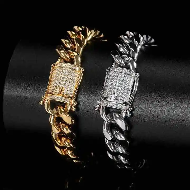 Gold Plated Stainless Steel Luxury Bracelets Zircon Diamond Cuban Link Chain Bracelet Hip Hop Jewelry for Men Women
