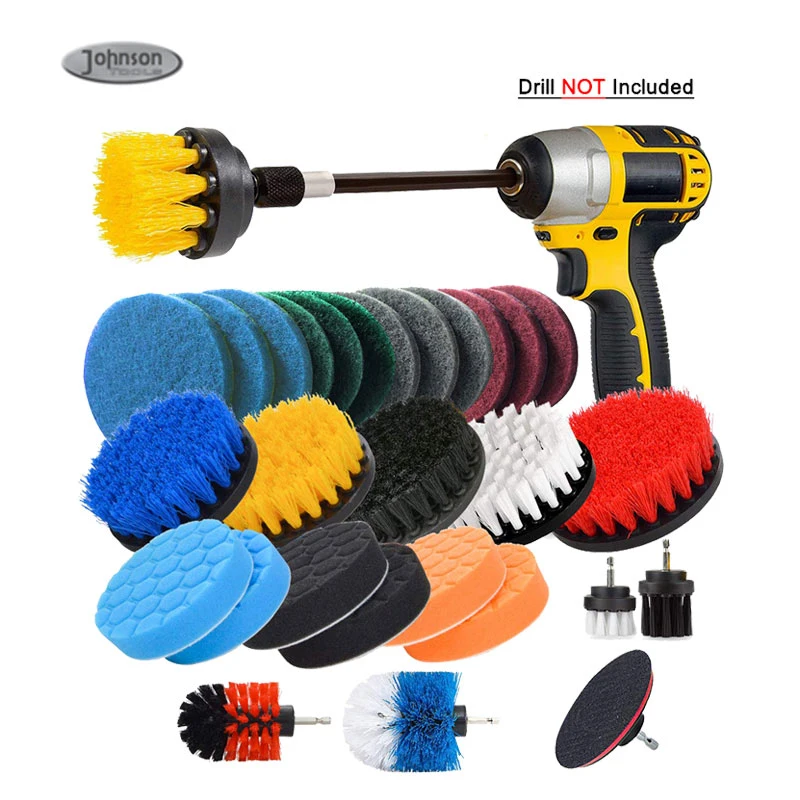 Heißer Verkauf 31pieces Nylon Foam Drill Brush Schrubpads Befestigung Set für Auto Teppich Badezimmer Reinigung