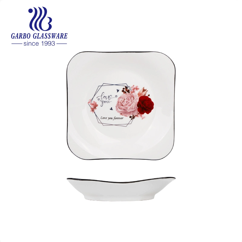 8 Inch Ceramic Porcelain Square Soup Plates and Dishes Dinnerware Set with Decal Flower