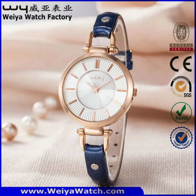 Factory OEM/ODM Leather Strap Quartz Ladies Wrist Watch (Wy-063C)