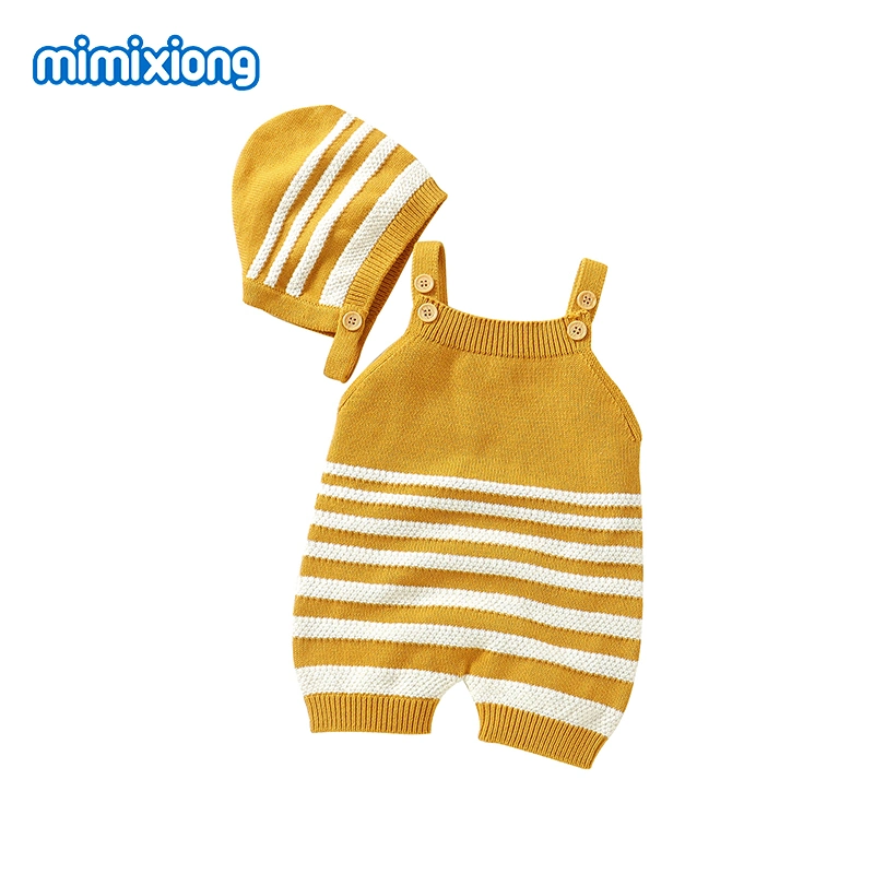 Mimixiong Newborn Baby Sets 100% Cotton Knitted Suspenders Striped Sleeveless Newborn Baby Clothes Sets with Hat