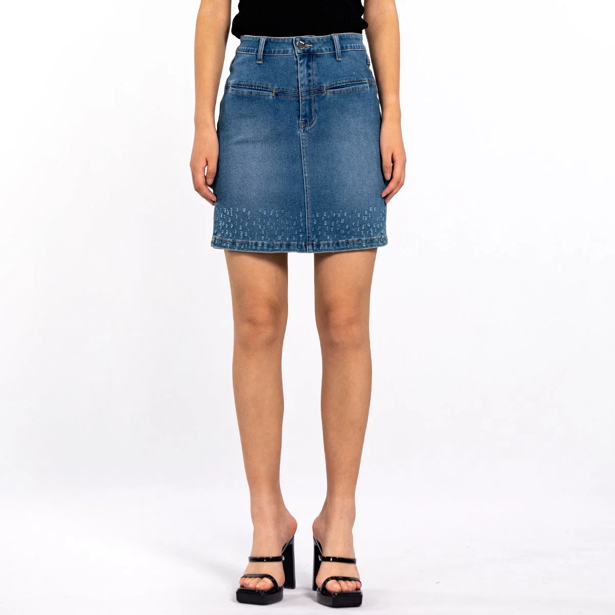 Casual High Waist Irregular Design Crochet Washed Blue Denim Skirt for Women