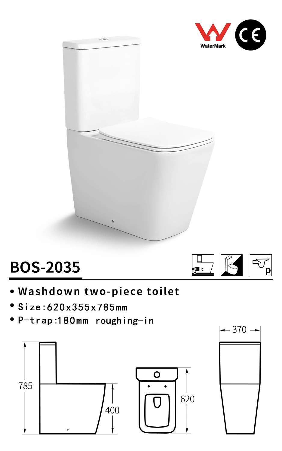 Sanitary Waresquare Design Ceramic P-Trap Two-Piece Toilet Water Saving