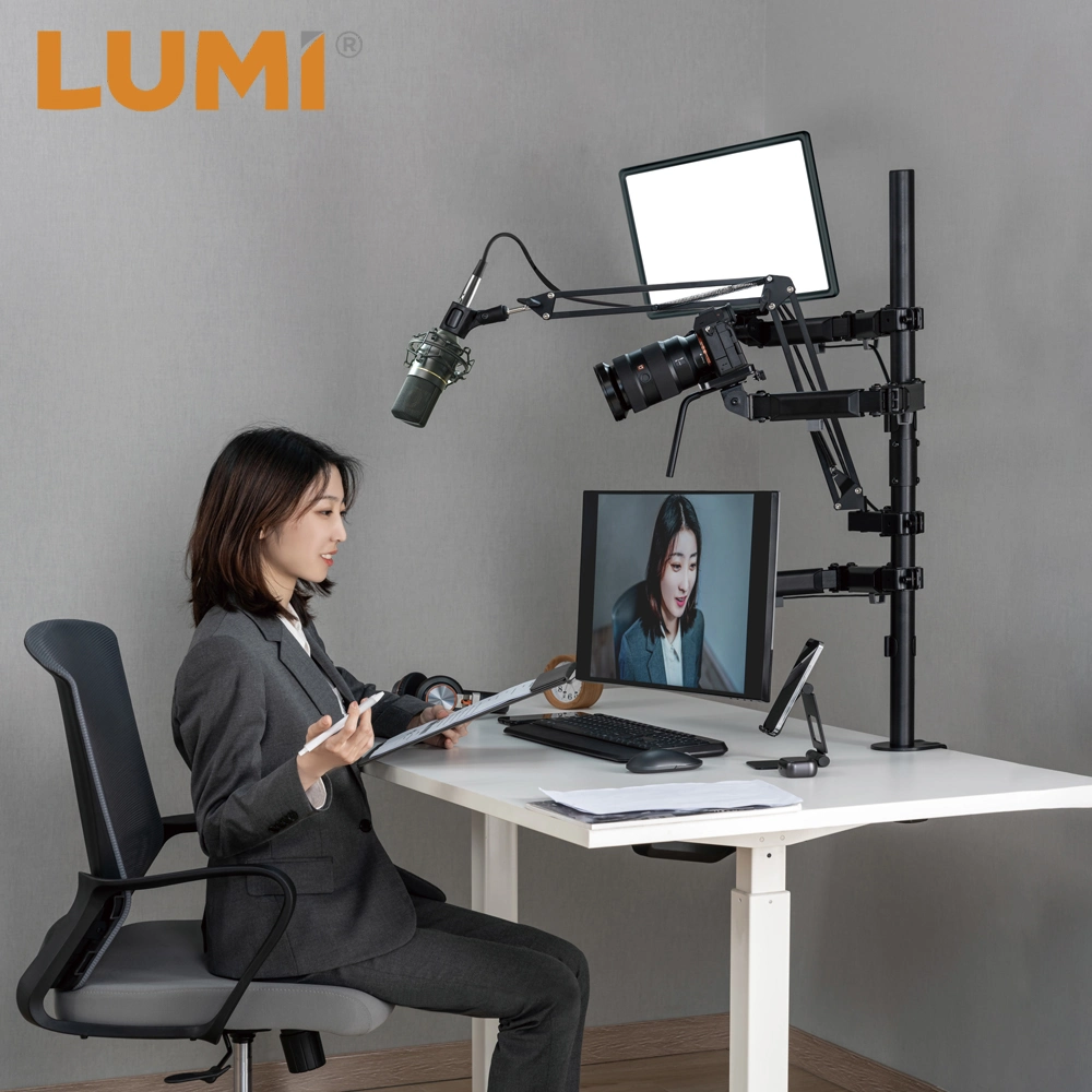 Premium Adjustable Mic Boom Arm Microphone Stand with Light and Monitor Mount