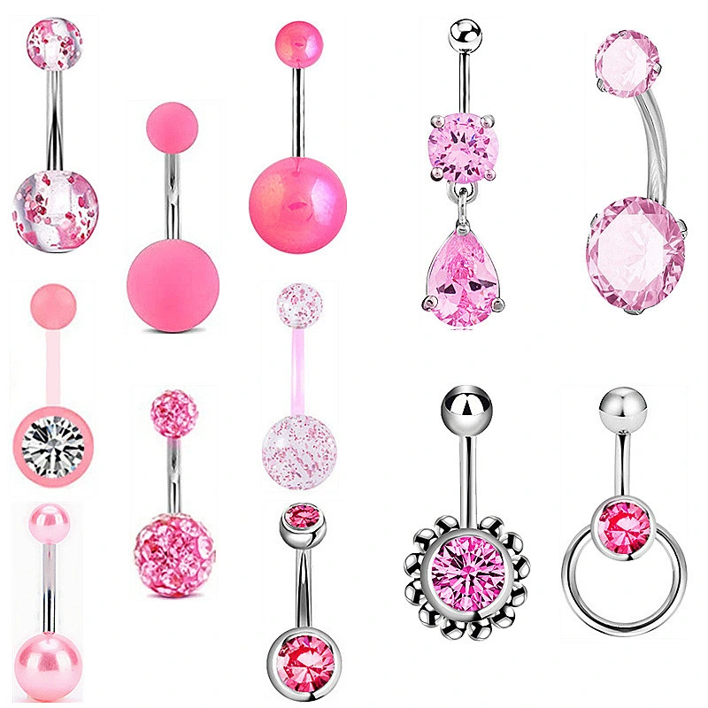 12pzas Ombligo anillos de acero quirúrgico 316L 14G de los anillos de espárragos Barbells CZ Ombligo mujeres niñas body piercing Joyería (la plata y rosa)